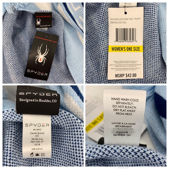 Spyder NWT Frost Blue Jacquard Logo Scarf with PomPoms, One Size - Picture 16 of 16